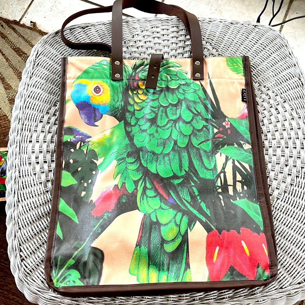 Zen 100% cotton parrot tote with leather straps and clasp